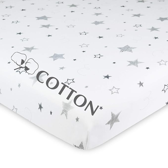 American Baby Company 100% Natural Cotton Fitted Pack and Play Sheet 39" x 27" - Soft & Breathable Pack N Play Sheet for Playpen, Playard & Mini Crib Mattress, Super Stars, for Boys & Girls