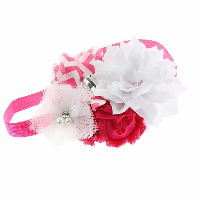 My Lello Headband Shabby Fabric Flower Cluster Baby - Infant - Toddler - Girl Stretchy Elastic White/Hot Pink Chevron