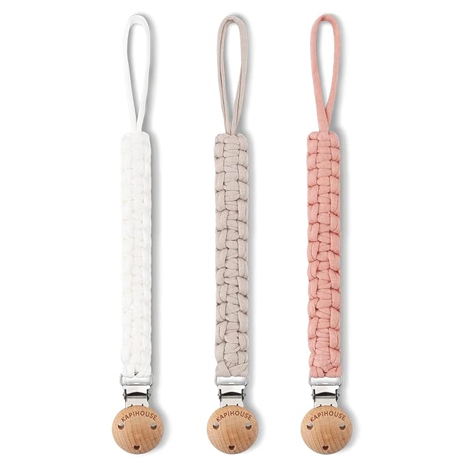 Pacifier Clip for Girl 9.2 Inch Pacifier Leashes woodern Clips Teething Toy with Handmade Braided Cotton Modern Unisex Baby Shower Birthdays Christmas Set (3 Pack Grils)