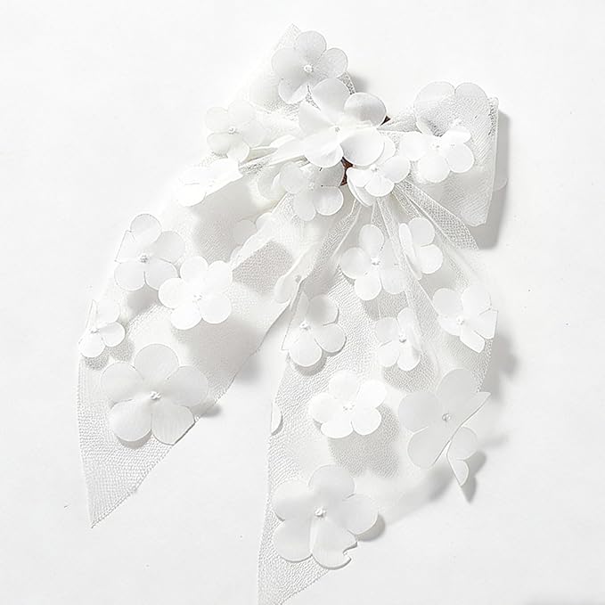 White Flower Bow Hair Clip Mesh Tulle Floral Hair Bow Clips Summer Alligator Clip with Long Tail Hair Accessory for Women Girls Bridal Wedding Bridesmaid Party Headpiece Elegant Hairpin Daily Styling