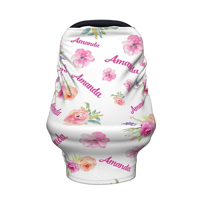 Personalized Baby Car Seat Cover for Girls, Custom Floral Pink Nursing Covers for Breastfeeding with Name, Infant Stroller Cover, Baby Carseat Canopy for Newborn, Multiuse Car Seat Canopies