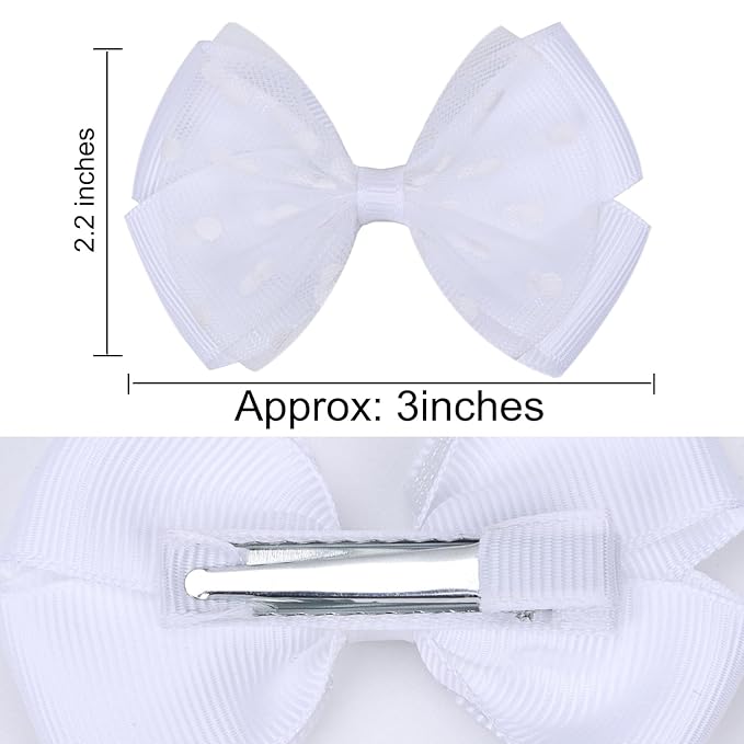 Tiny 3 Inch Dot Organza Double Hair Bow Clips - Cute Lined Boutique Alligator Hairpin for Girls, Toddlers, and Little Teens - Kids Barrettes Set of 2 Small Stylish (White)