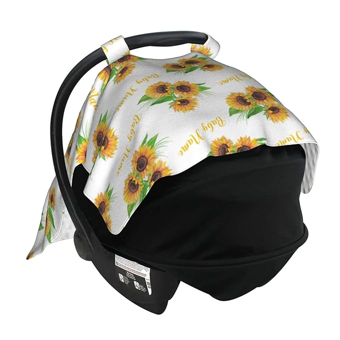 Personalized Sunflowers Baby Car Seat Canopy for Babies with Name, Customize Stroller Car Seat Covers for Girls Boys, Minky Nursing Carseat Cover for Breastfeeding, Car Seat Canopies for Newborn