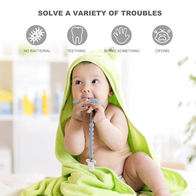 Baby Teething Toys for Babies 3-6 6-12 Months, Dinosaur Teether Pain Relief Toy with One Piece Design Pacifier Clip Holder Set, Freezer Safe Neutral Shower Gift for Boys and Girls (Grey)