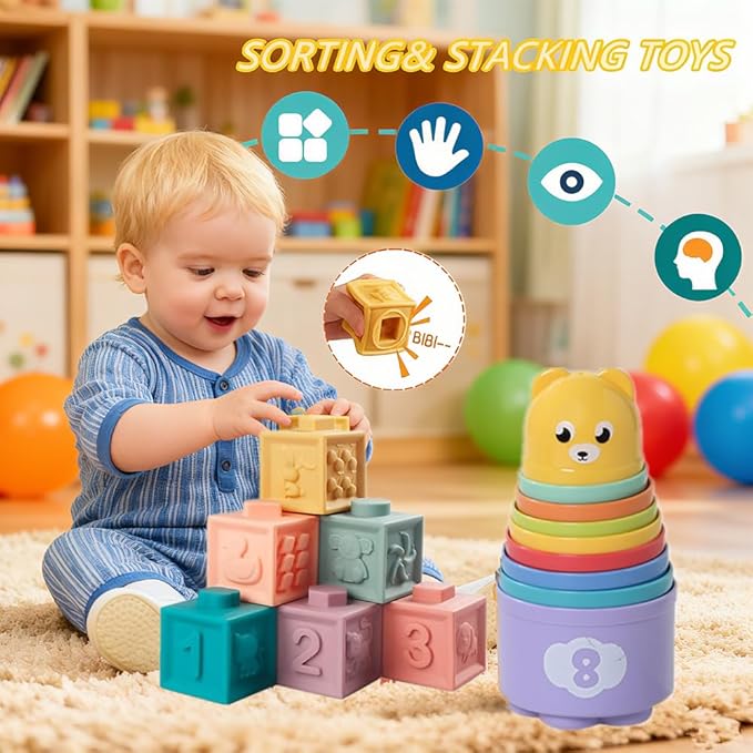 Baby Toys 6-12 Months, Montessori Toys for 1 Year Old, Silicone Pull String Teether Toy, Stacking Building Blocks Infant Toddler Toy 0-3, Shape Bin Sensory, Baby Boys&Girls Gifts Set