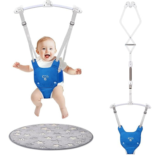 Baby Jumper, Baby Jumper Doorway with Adjustable Strap, Easy to Assemble, with a Soft Rug (Blue)