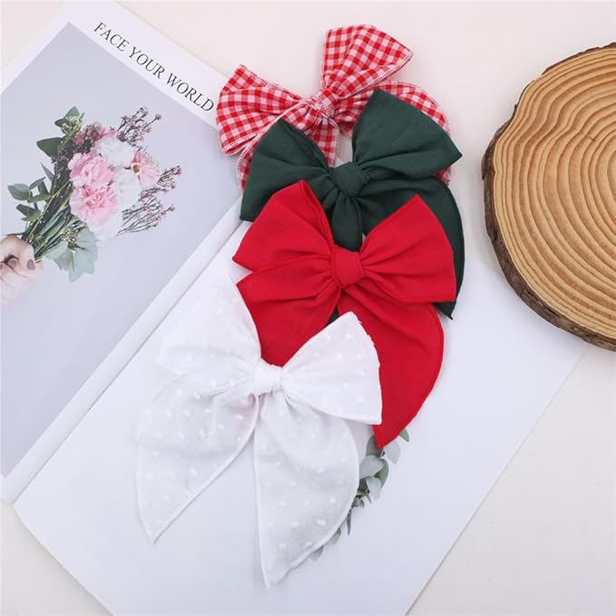 Pack of 4 Gorgeous Fable Bow Hair Clips for Girls Women Linen Hair Bow Alligator Clips Toddler Baby Mom Young Girl Hair Accessories (Red/Green)