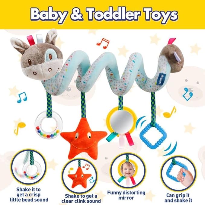 GKDOMS Baby Car Seat Toys Activity Stroller Toy for Boys Girls 0 3 6 9 10 12 Months, Spiral Hanging Plush Toys, Baby Shower Thank You Gifts