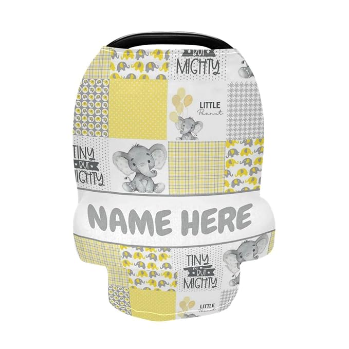 Personalized Cute Elephant Yellow Baby Car Seat Cover for Babies with Name, Custom Baby Car Seats Canopy for Boys Girls, Nursing Breastfeeding Stroller Covers Infant Car Seat Blanket for Newborn