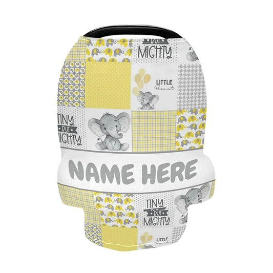 Personalized Cute Elephant Yellow Baby Car Seat Cover for Babies with Name, Custom Baby Car Seats Canopy for Boys Girls, Nursing Breastfeeding Stroller Covers Infant Car Seat Blanket for Newborn