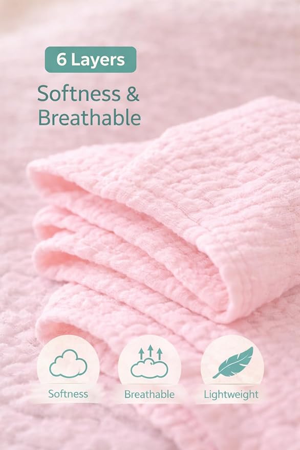 Baby Washcloths, 3-Pack, 100% Cotton Soft Absorbent, 6-Layer Muslin Wash Cloths and Face Towels, Baby Bath Essentials for Newborns, Babies and Toddlers, 8x8 inches (Mocha)