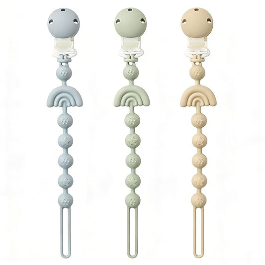 Baby Pacifier Clips One Piece Binky Clip Holder Silicone Teether Clip Pacifier Straps with Clip Baby Teether Toys for Boys and Girls Set of 3 Andy Bear-Ivory+Sage+Baby Blue