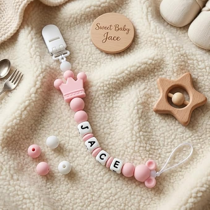 Personalized Pacifier Clip with Name Custom Pacifier Holder with Name Newborn Baby Gift Sets (Crown)