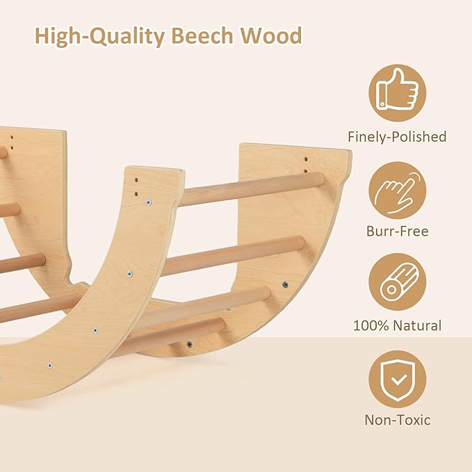 INFANS Wooden Arch Climber Rocker with Soft Cushion, 6 in 1 Montessori Climbing Toys for Toddlers, Waldorf Indoor Table Baby Children Ladder Gym Learning Playset Gift for Kids Boys Girls (Natural)