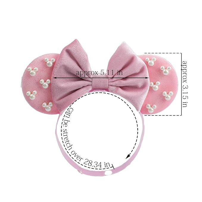 JIAHANG Mouse Ear Hair Bow Headband with Beadings, Adjustable Velvet Hair Bow Hair Band, Fashion Headwear for Newborn Toddlers, Kids