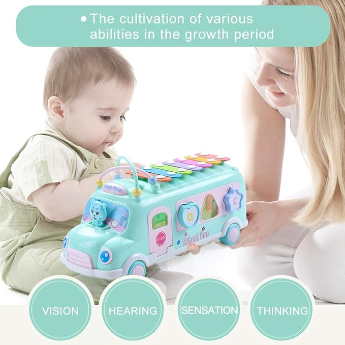 5-in-1 Baby School Bus Xylophone Toys for 1 Year Old Girl Gifts, Educational Baby Toy 6-12-18 Month, 1st Birthday Gril Gift, Toddlers Montessori Musical Baby Bus with Shape Sorter & Knock Hammer