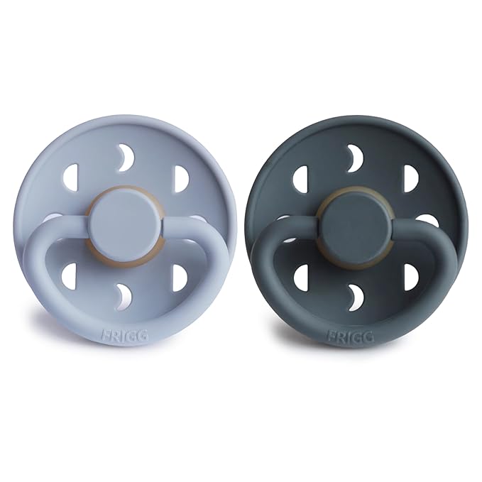 FRIGG Moon Natural Rubber Baby Pacifier | Made in Denmark | BPA-Free (Powder Blue/Slate, 0-6 Months) 2-Pack