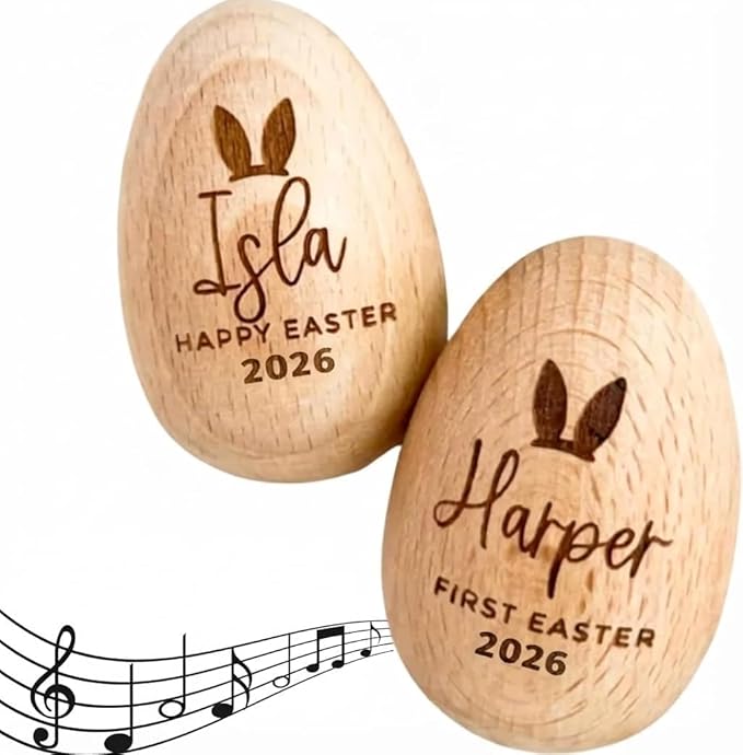Personalized Musical Easter Egg Shaker 2026, Large Wooden Easter Eggs, First Easter Gifts for Baby, Easter Gift for Kids, Birthday Gift Idea (2" x 3.14")