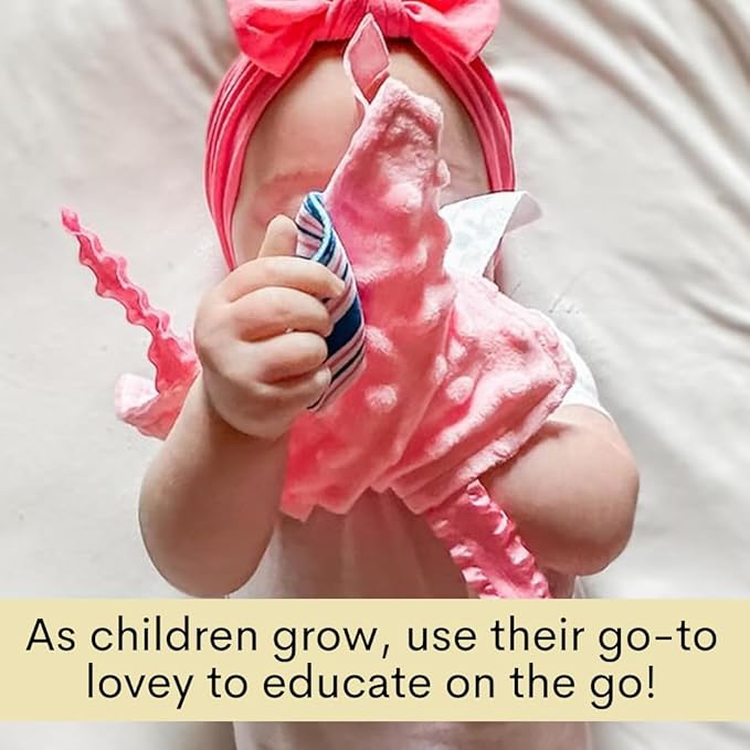 Baby Jack & Co 8x8” Learning Lovey Baby Girl Newborn Gender Reveal Tag Stroller Toy for Babies - Crinkle Toys for Developing Five Senses - Pink Hospital Blanket - Shower Gift - BPA Free Clip