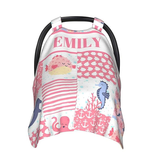 Personalized Minky Car Seat Canopy for Girl Boy, Custom Name Stroller Car Seat Covers Cover for Infant Newborn Shower Gift, Nursing Opening Carseat Cover for Breastfeeding, Ocean Theme Pink