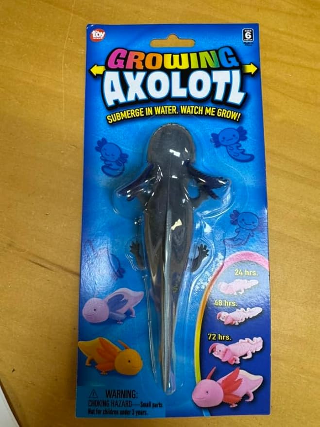 Growing Axolotl Water Toy, Grows from 6 to 12 Inches - Individual Blister Card, 4 Assorted Colors, Bath Science Fun (Blue)
