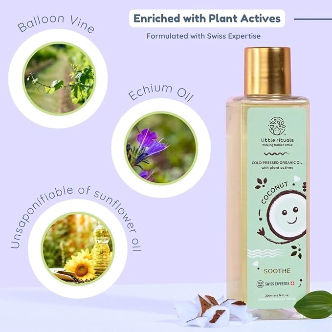 Little Rituals Coconut Baby Massage Oil Certified Organic, Wood Cold-Pressed for Skin and Hair with Swiss Plant Actives - 200 ml. Dermatologist Tested by Pediatrics, Mild & Gentle & Safe