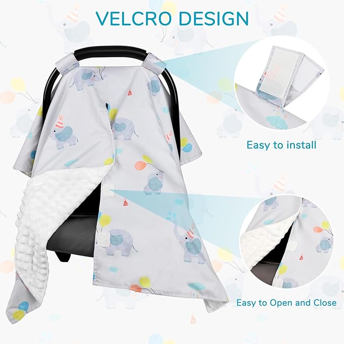 Baby Car Seat Cover, Peekaboo Opening Spring Car Seat Canopy for Baby Girls Boys, Mom Nursing Breastfeeding Covers, Blanket for Infant, Balloon Elephant (Grey)