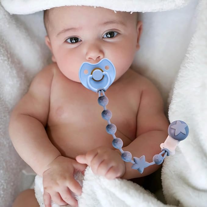 Silicone Baby Pacifier Clips for Boys and Girls, Pack of 2 Flexible Rust-Free Pacifier Holder Clip with One-Piece Design, Paci Binky Clips (Terracotta+Azure)
