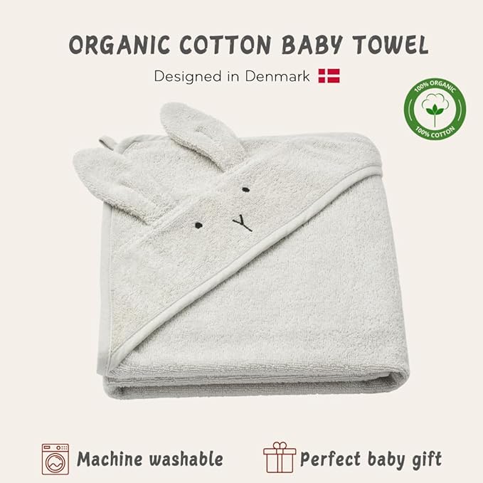 Hooded Baby Towels - 100% Organic Cotton Baby Bath Towels for Baby Boy, 32" x 32" Super-Soft and Absorbent Baby Towels for Newborn (Rabbit - Pearl Grey)