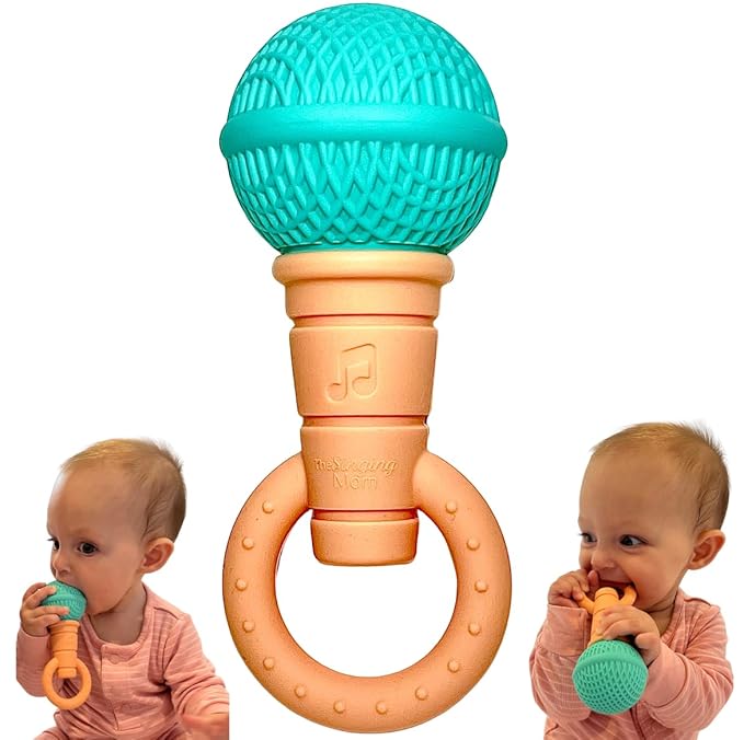 Microphone-Shaped Silicone Baby Teether - BPA Free, with Rattle, Musical/Singing Toy, Dishwasher & Freezer Safe, Easy-to-Grip Teething Shaker Toy for Newborns, Infants, Toddlers. (Teal Peach)