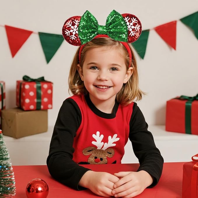 Christmas Red&Green Bow Adjustable Mouse Ears Headband, Elastic Hair Bow Hairband for Infant Toddlers Teens Baby Girls