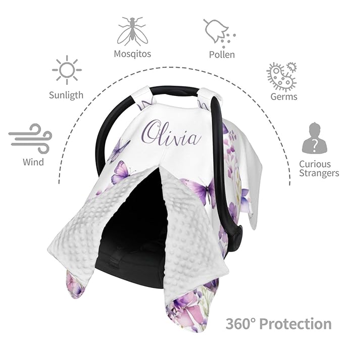 Personalized Baby Car Seat Canopy with Name – Custom Butterfly Purple Minky Nursing Cover for Girls, Soft Stroller Cover for Infants & Newborns, Carseat Canopy for Breastfeeding