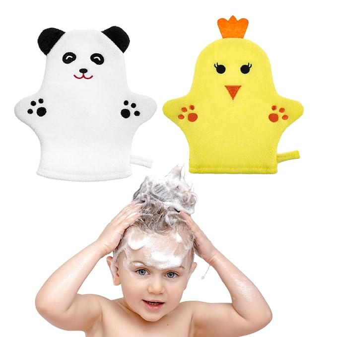 2PCS Baby Bath Mitt Washcloths Gloves Panda Chicken Toddler Soft Washcloths for Kids Designed in Cute Animal Towel Gentle Scrub for Baby Girl Boy Bath Shower