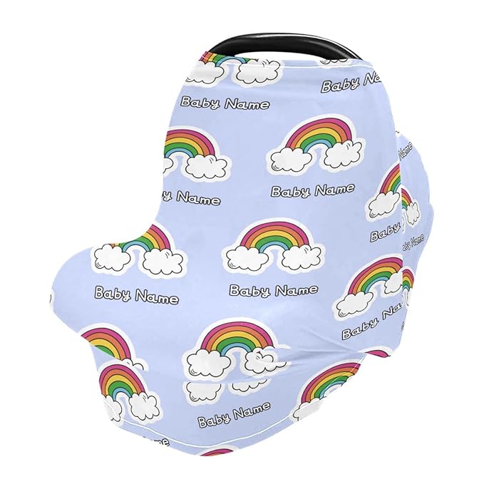 Personalized Baby Car Seat Cover for Babies, Custom Name Baby Car Seats Canopy for Boys Girls, Nursing Breastfeeding Stroller Covers for Infant Newborn, Shower Gift (Rainbow)