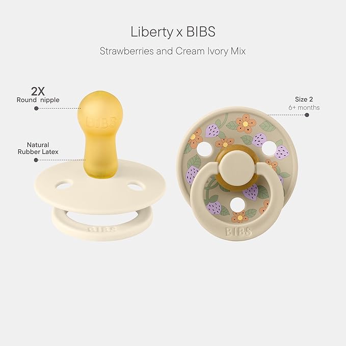 BiBS Liberty Pacifier 2-Pack, BPA Free Pacfiers with Natural Latex Round Nipple, Made in Scandinavia, Size 2 (6-18 Months), Strawberries and Cream Ivory Mix