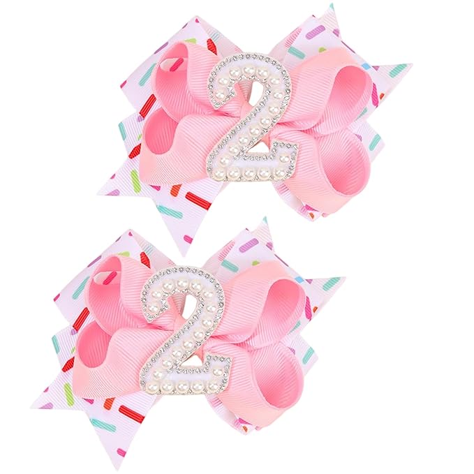 Birthday Pearl Hair Bow Clips for Baby Girls - 2Pcs Sweet Pink Hair Clips Number 2 Made of Many Small pearls for 2nd Birthday Bow Party Decorations for Girls Toddlers Hair Accessories (Pearl-2 Years)