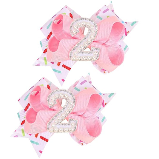 Birthday Pearl Hair Bow Clips for Baby Girls - 2Pcs Sweet Pink Hair Clips Number 2 Made of Many Small pearls for 2nd Birthday Bow Party Decorations for Girls Toddlers Hair Accessories (Pearl-2 Years)