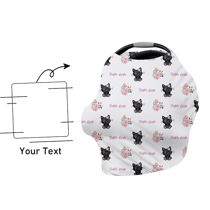 Custom Name Car Seat Canopy - Baby Car Seat Covers, Black Cat Print Infant Stroller Cover, Carseat Canopy Christmas Birthday Gifts for Girls and Boys(27"x29")