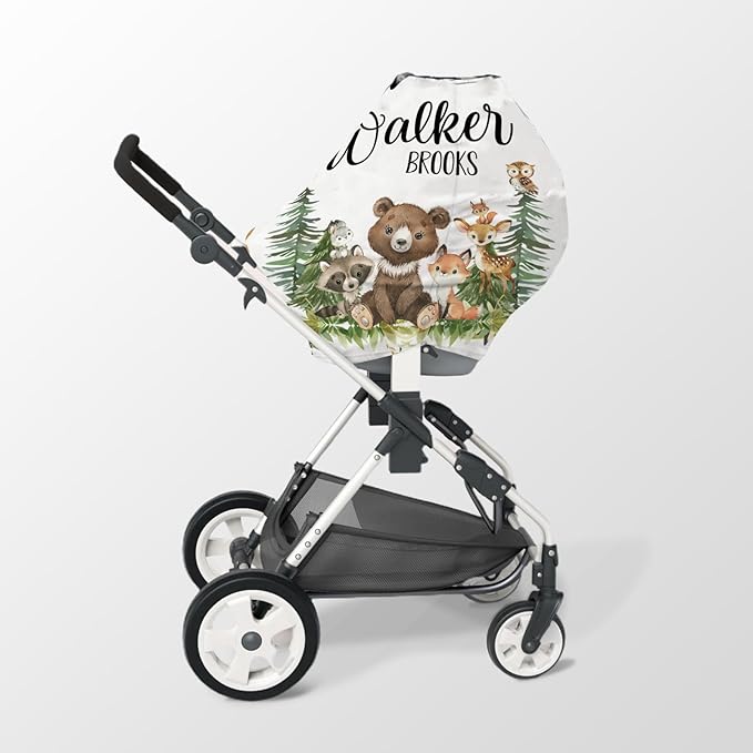 Personalized Baby Car Seat Cover Stroller Canopy: Custom Name Newborn Baby Boy Girl Elastic Woodland Animals Nursing Cover for Moms First Birthday Gift Bear Fox(one Size)