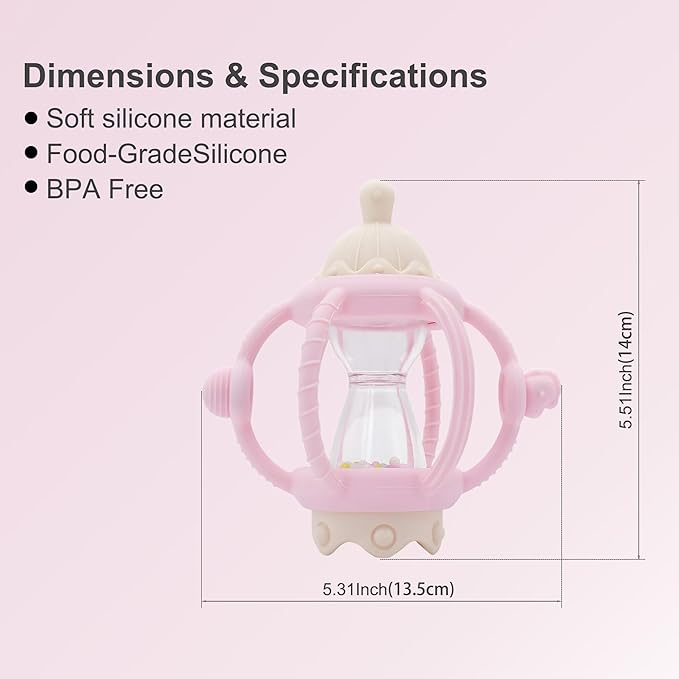 Baby Carousel Teething Toy with Soft Silicone & ABS, 2-in-1 Rattle and Removable Teether Ring, BPA-Free Multi-Sensory Toy for Infants 0–12 Months Newborn Gift for Boys and Girls (Pink)