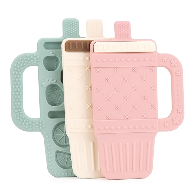 Lulyboo Sip & Soothe Silicone Teether 3 Pack - Food-Grade Soft Silicone, Textured Fruit-Shaped Teething Toys with Easy-Grip Handles for Sensory Development, Soothing Relief, Portable & Easy Clean