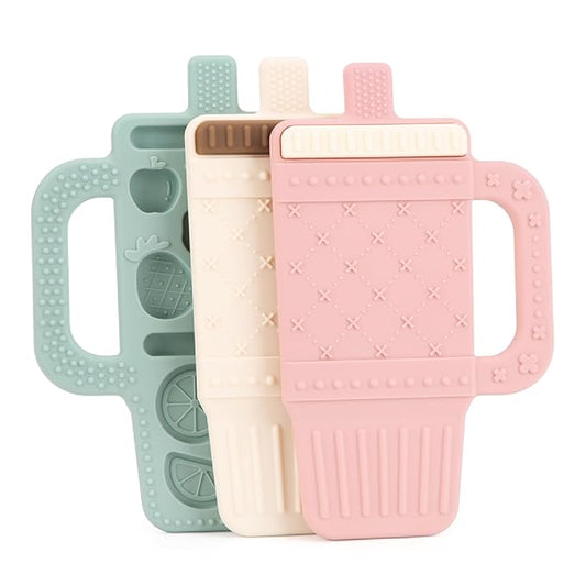 Lulyboo Sip & Soothe Silicone Teether 3 Pack - Food-Grade Soft Silicone, Textured Fruit-Shaped Teething Toys with Easy-Grip Handles for Sensory Development, Soothing Relief, Portable & Easy Clean