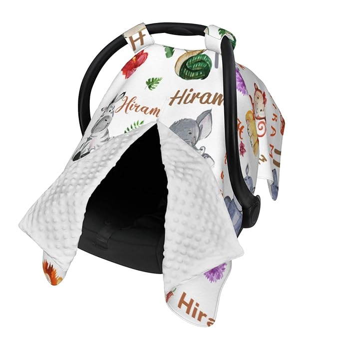 Personalized Name Baby Car Seat Cover for Boys Girls, Customized Infant Carseat Canopy with Peekaboo Opening, Multiuse Baby Carrier Covers Nursing Cover Breastfeeding Scarf for Newborn, Zoo Animal