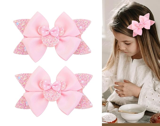 4.5 Inch Cute Mouse Ears Sequins Bows Hair Clips For Baby Girls, Toddler, Kids and Young Women Birthday Party Wedding Christmas Occasions Set of 2 (B- Light Pink)