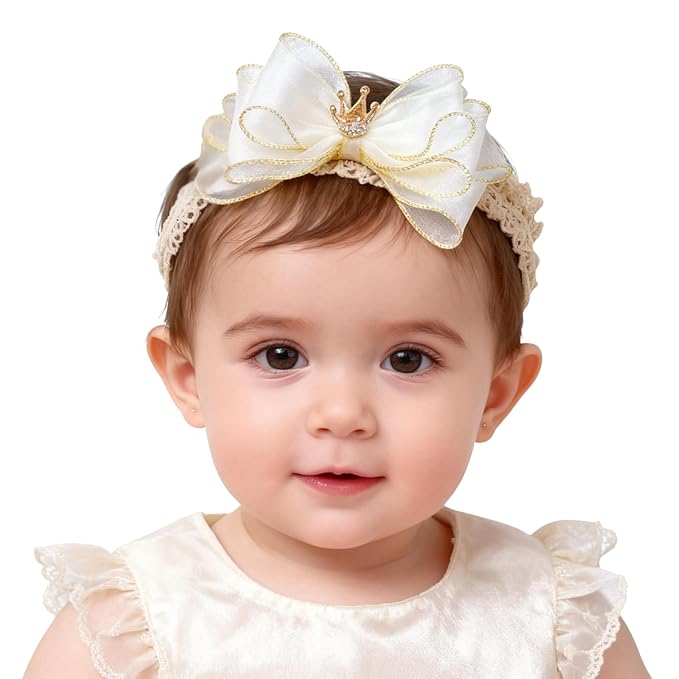 Handmade Baby Girl Headbands in Beige Baby Bows and Floral Lace Headband Bows for Newborns and Toddlers Cute Baby Girl Bows and Newborn Headband Bows