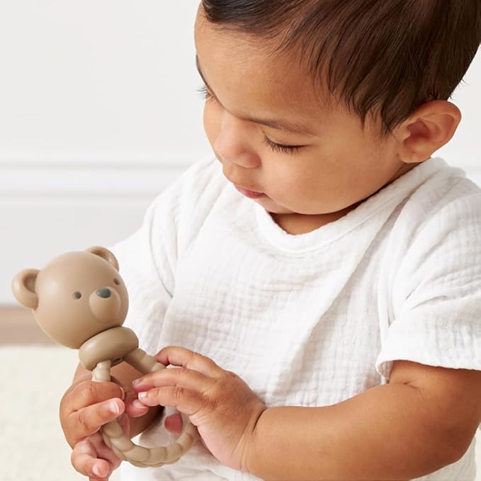 Itzy Ritzy Silicone Rattle Toy – Soothing Teething Toy with Soft Jingle Sound & Easy-Grip Textured Handle - for Ages 3 Months and Up (Bear)