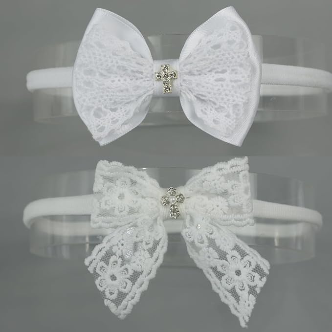Nihao Baby Off White Lace Bow Small Baptism Headband for Baby Girls -2 PCS