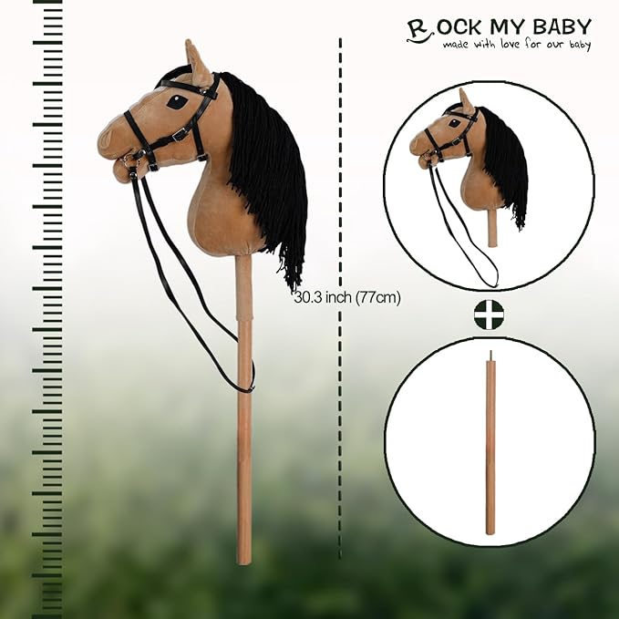 ROCK MY BABY Hobby Horse with a Detachable Bridle Plush Stuffed Stick Horse with Award Ribbon for Kids 3+ Years Old (Light Brown)