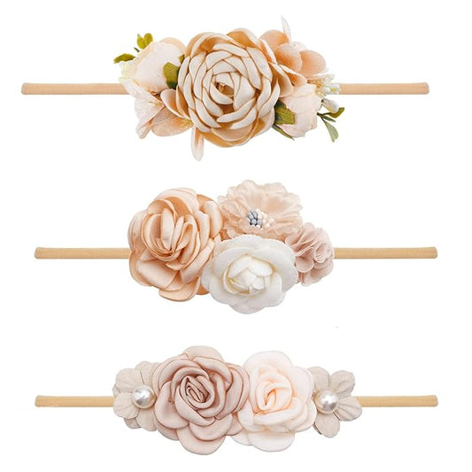 Baby Girl Headbands Nylon Flower Elastic Hairbands 3pcs Hair Accessories Gift for Newborn Infant Toddlers (YM1)