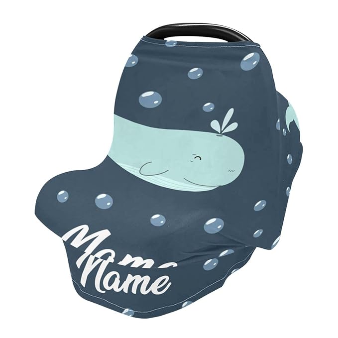 Personalized Baby Name Car Seat Cover for Boys, Customized Cartoon Whale Stroller Canopy, Multiuse Nursing Covers, Ocean Theme Infant Carrier Cover, Breastfeeding Scarf, Gift for Newborn Boy Girl